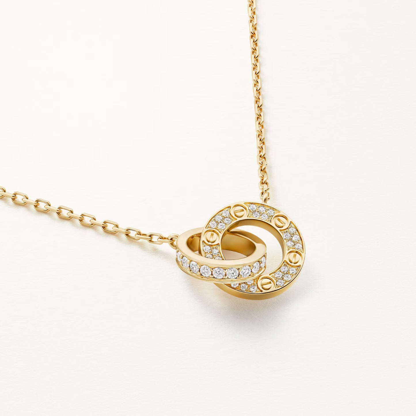 Diamor 18K Love Pendant Necklace, Double-Ring, Diamond-Paved