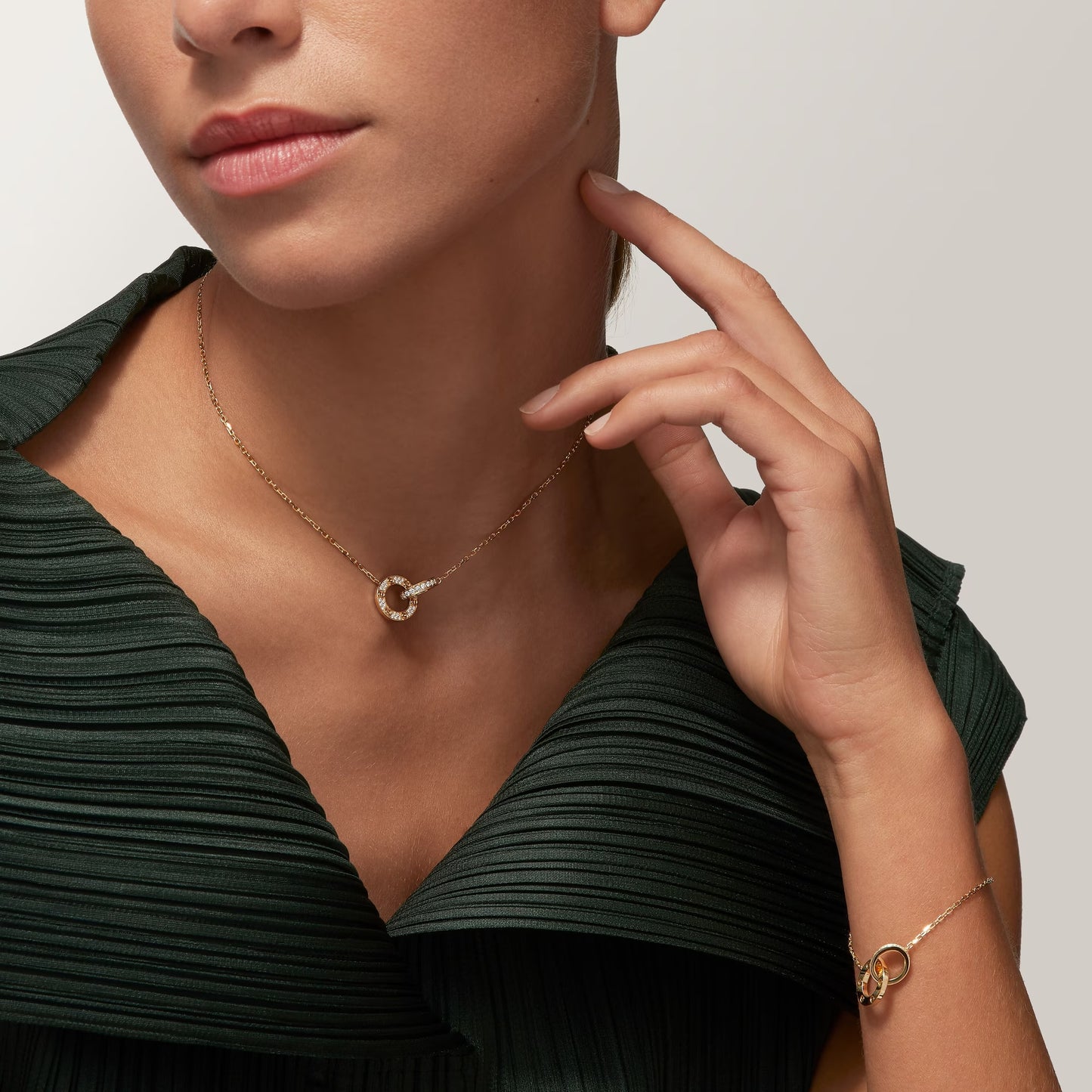 Diamor 18K Love Pendant Necklace, Double-Ring, Diamond-Paved
