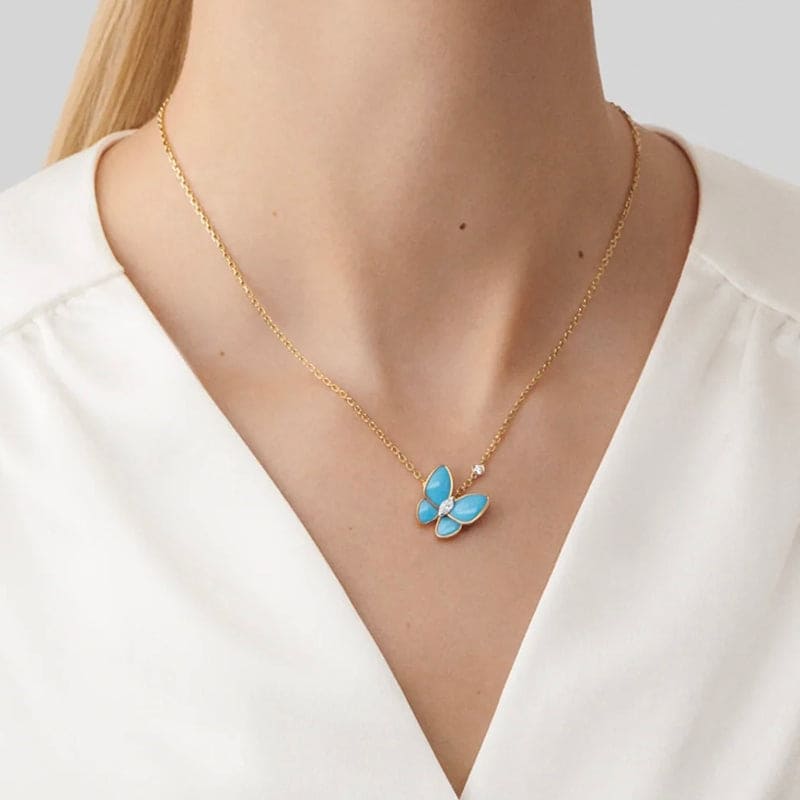 Diamor 18K Two Butterfly Pendant with Diamond & Turquoise Necklace