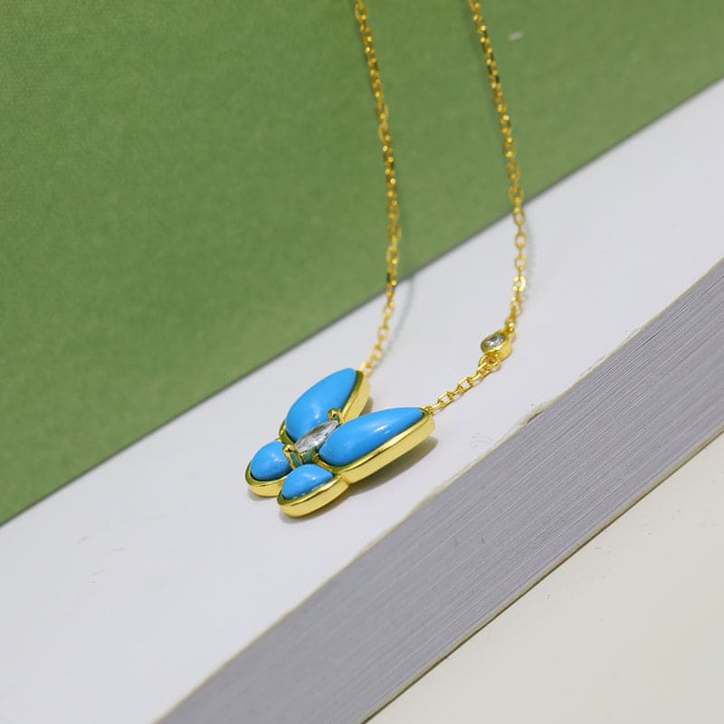 Diamor 18K Two Butterfly Pendant with Diamond & Turquoise Necklace