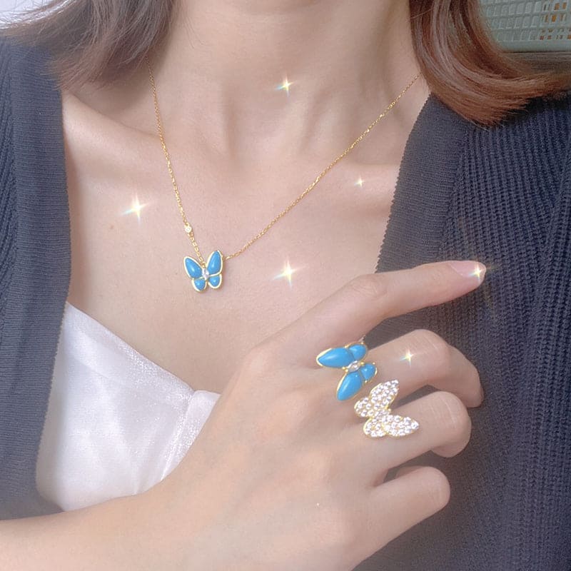 Diamor 18K Two Butterfly Pendant with Diamond & Turquoise Necklace