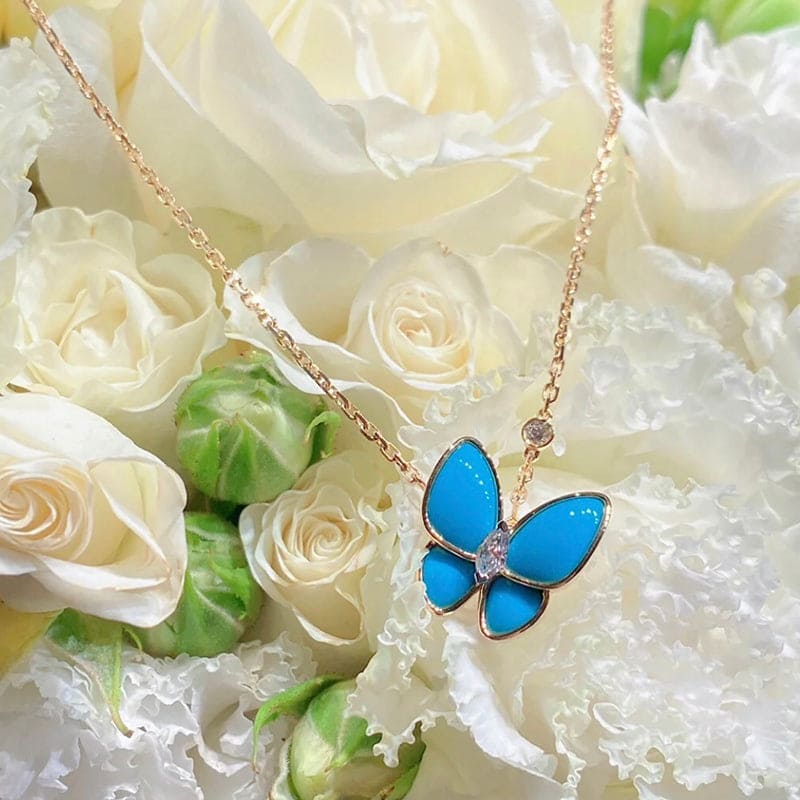 Diamor 18K Two Butterfly Pendant with Diamond & Turquoise Necklace