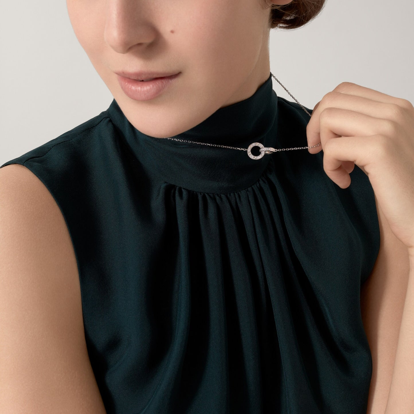 Diamor 18K Love Pendant Necklace, Double-Ring, Diamond-Paved