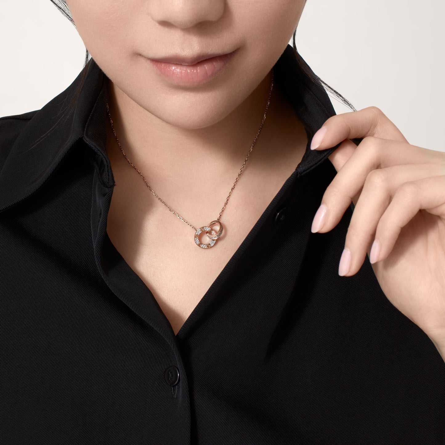 Diamor 18K Love Pendant Necklace, Double-Ring, Diamond-Paved