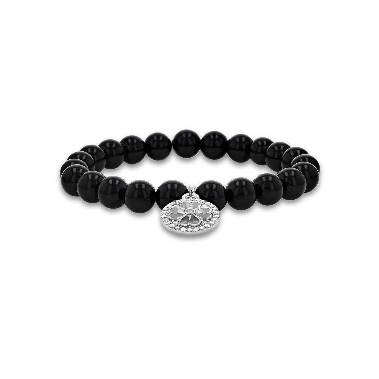 18K Onyx Bracelet with Diamond Open Clover Charm - 8mm