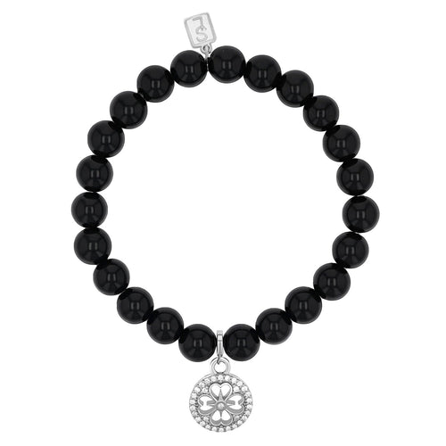 18K Onyx Bracelet with Diamond Open Clover Charm - 8mm