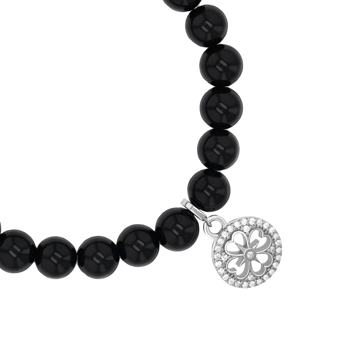 18K Onyx Bracelet with Diamond Open Clover Charm - 8mm