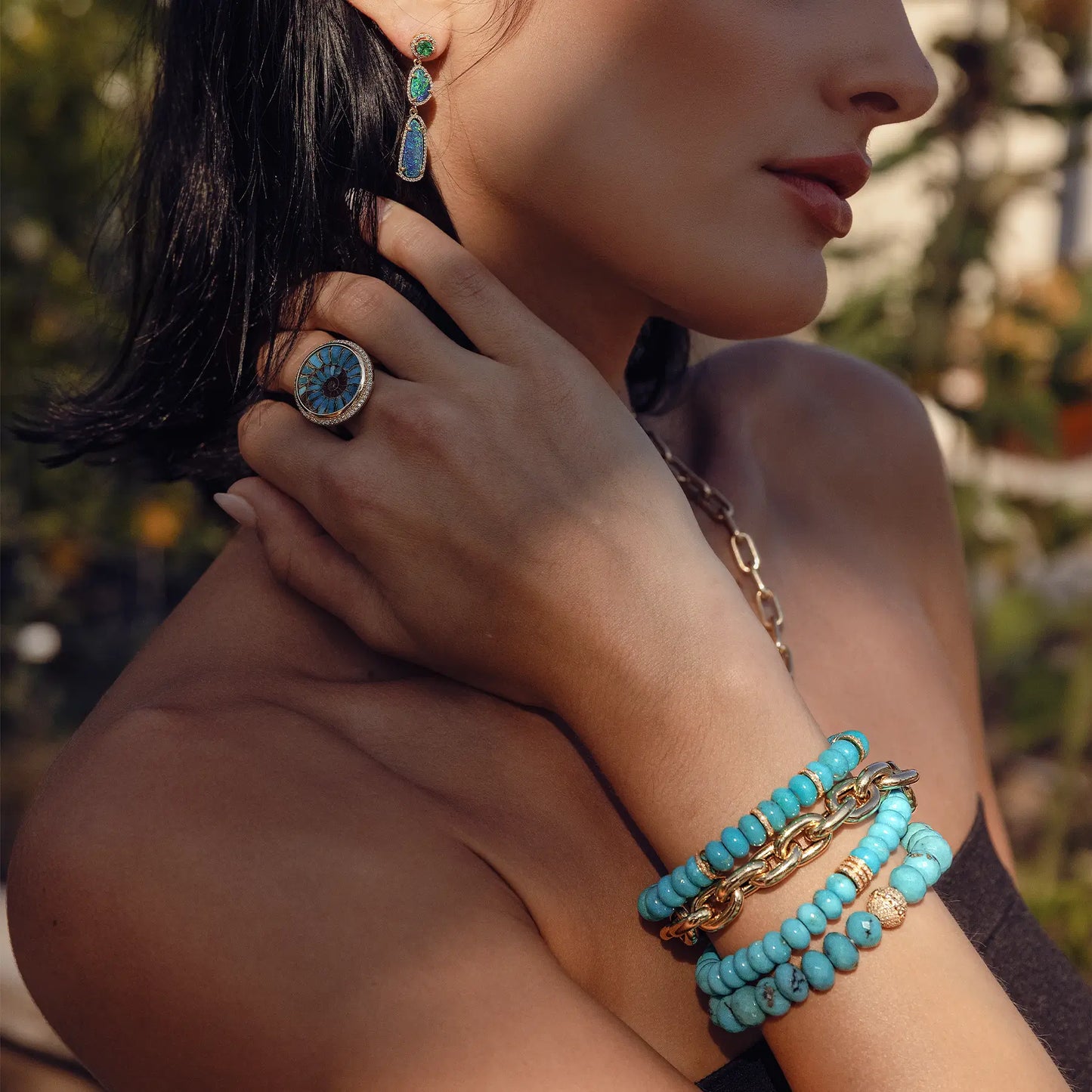 18K Ammonite & Turquoise Round Joni Ring