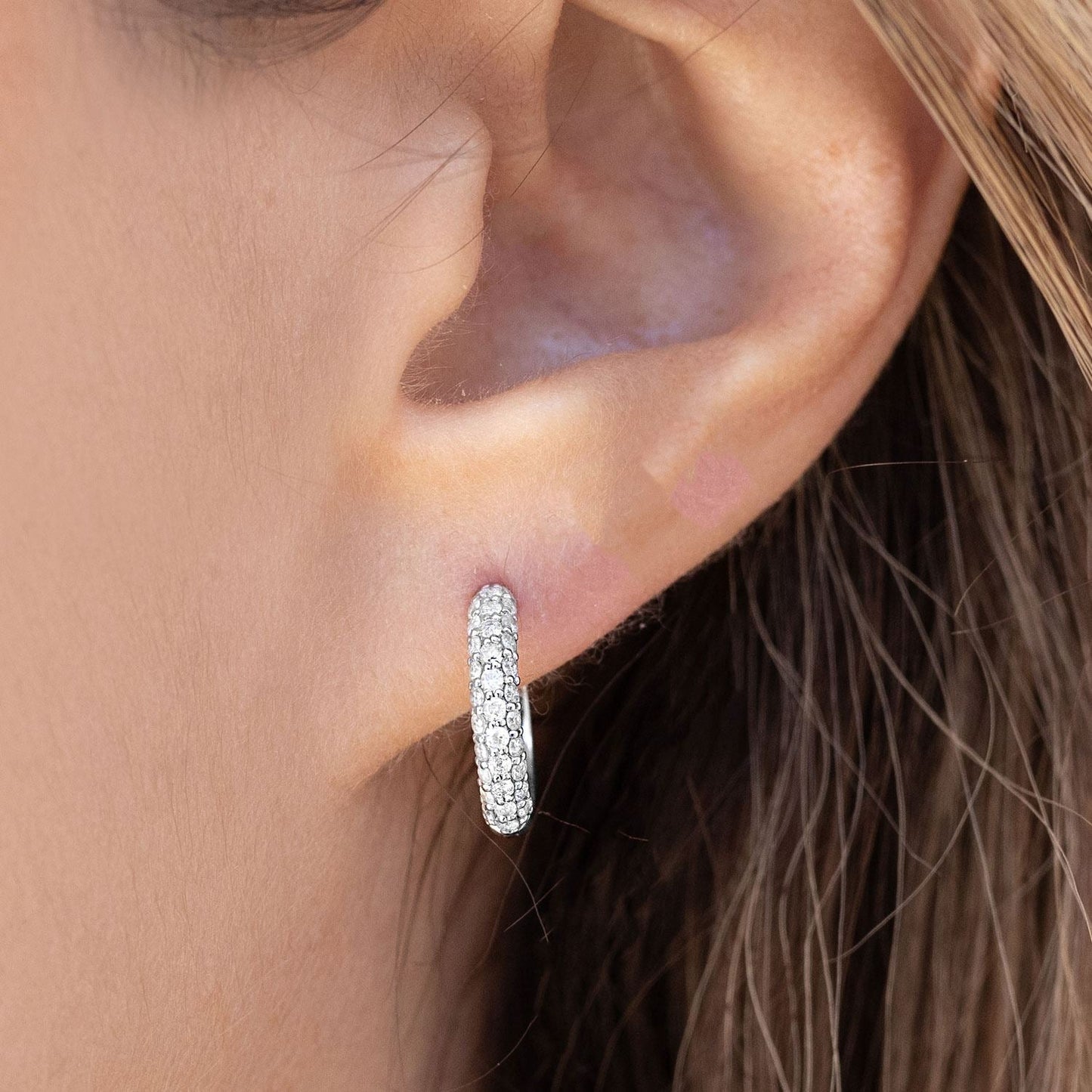 18K Silver Pave Diamond Huggie Hoop Earrings