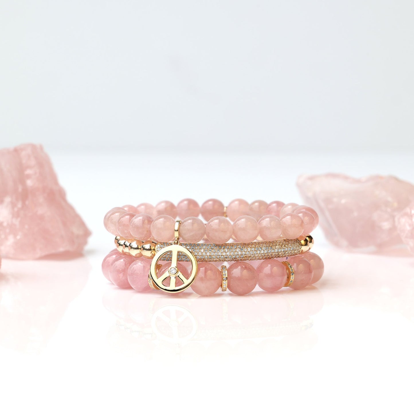 18K Rose Quartz Bracelet with Peace Sign Charm - 8mm