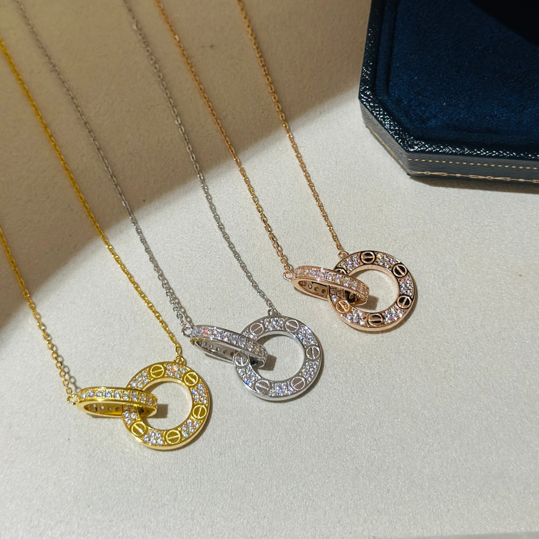 Diamor 18K Love Pendant Necklace, Double-Ring, Diamond-Paved