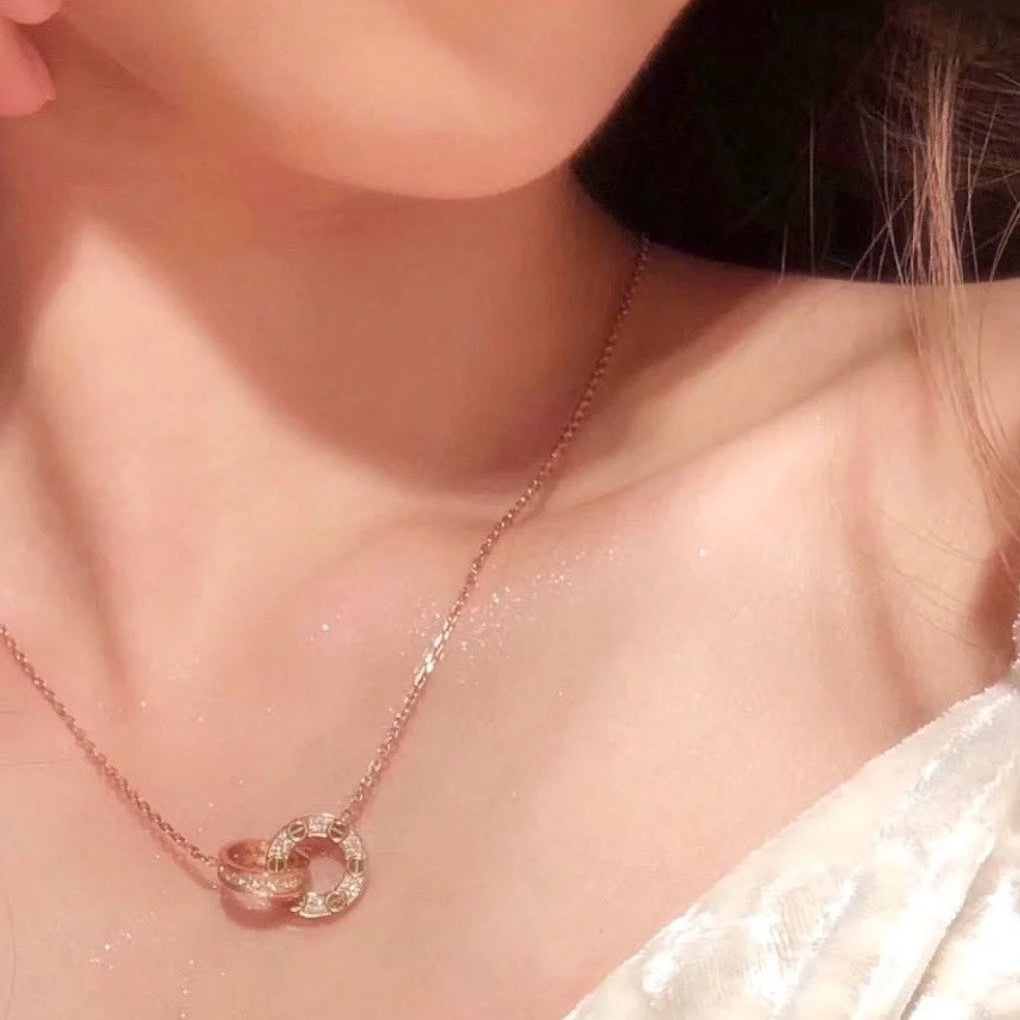 Diamor 18K Love Pendant Necklace, Double-Ring, Diamond-Paved