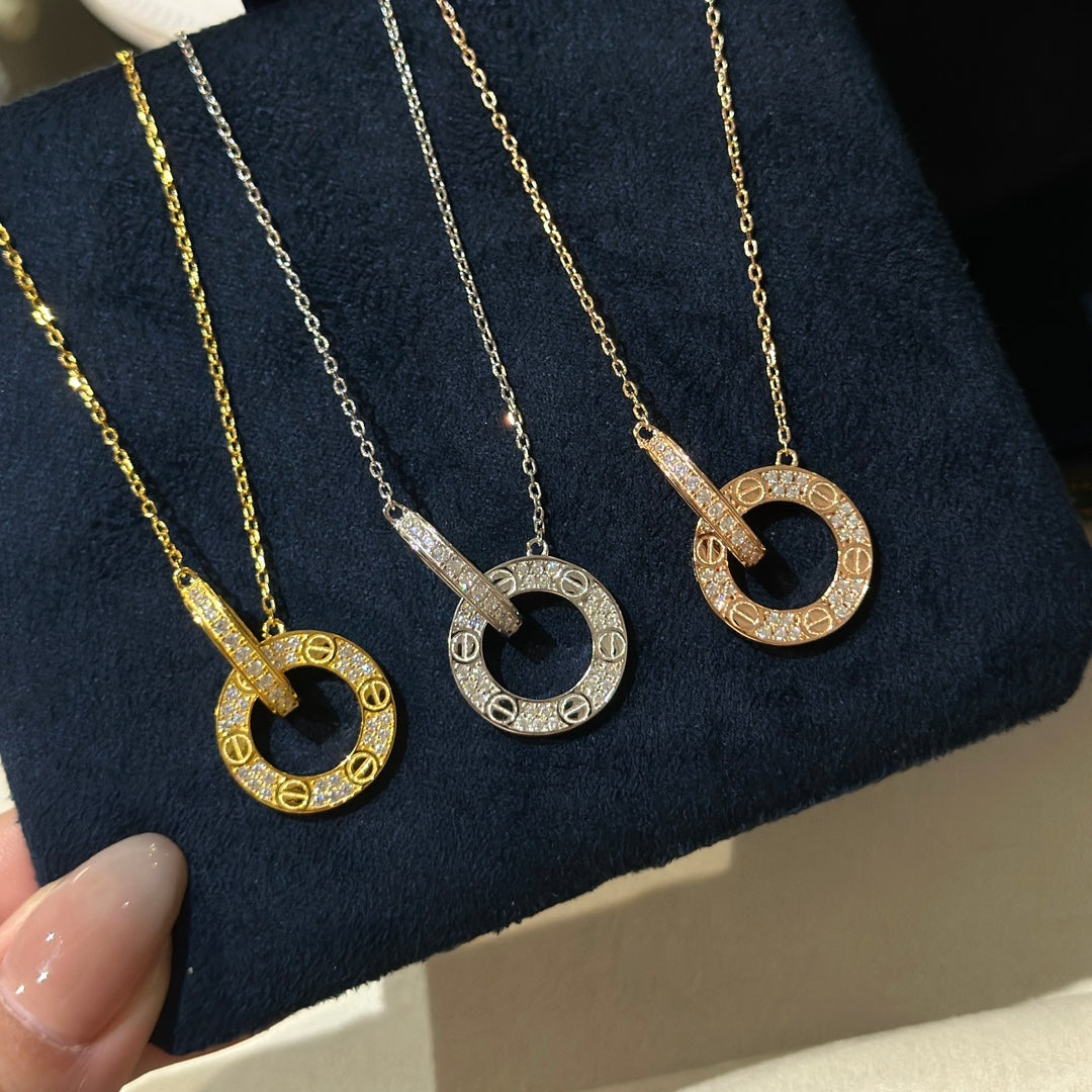 Diamor 18K Love Pendant Necklace, Double-Ring, Diamond-Paved