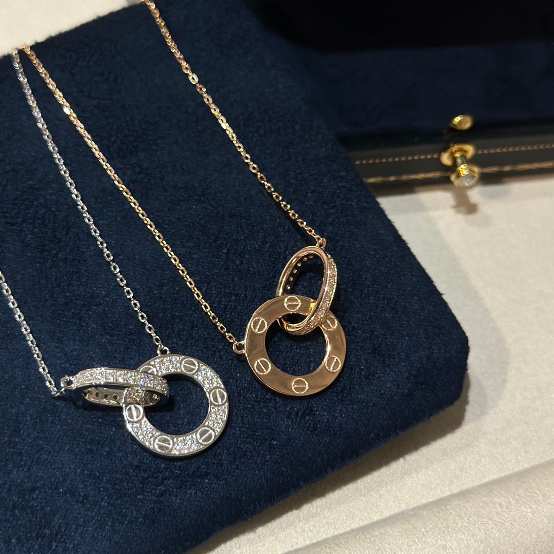 Diamor 18K Love Pendant Necklace, Double-Ring, Diamond-Paved