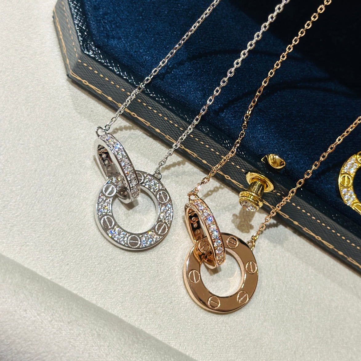 Diamor 18K Love Pendant Necklace, Double-Ring, Diamond-Paved