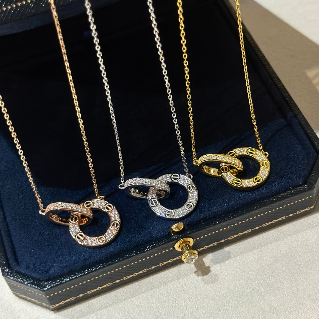 Diamor 18K Love Pendant Necklace, Double-Ring, Diamond-Paved
