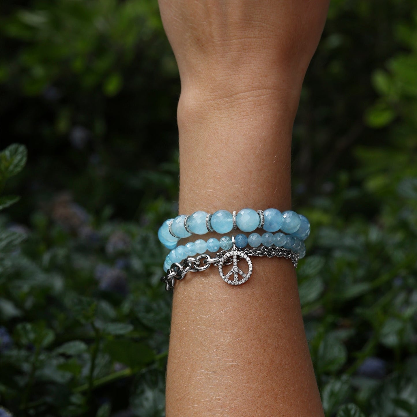 18K Aquamarine Bracelet with Diamond Peace Sign Charm - 6mm