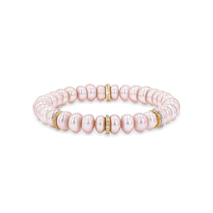 18K Pink Pearl Beaded Bracelet with 3 Diamond Rondelles - 8mm