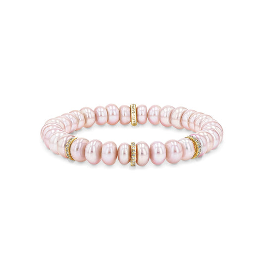 18K Pink Pearl Beaded Bracelet with 3 Diamond Rondelles - 8mm