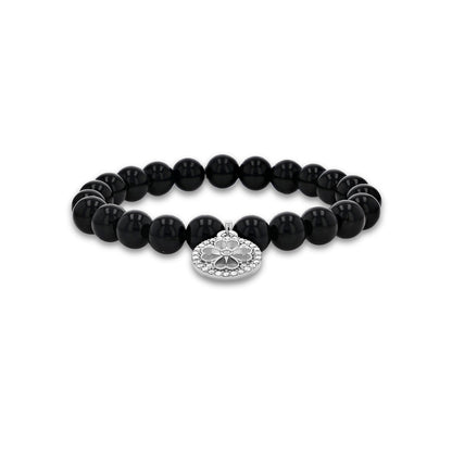 18K Onyx Bracelet with Diamond Open Clover Charm - 8mm