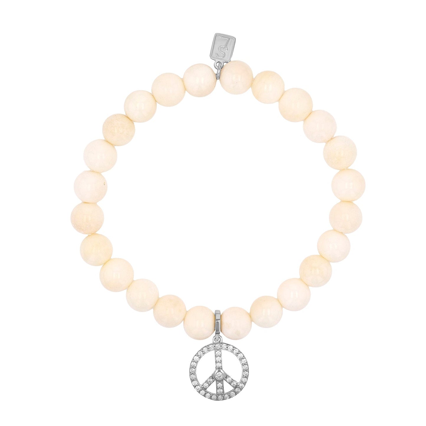18K Bone Bracelet with Diamond Peace Sign Charm - 8mm