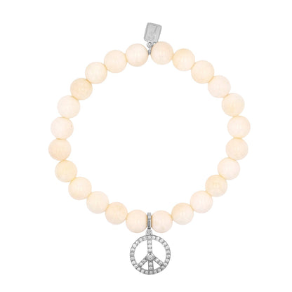 18K Bone Bracelet with Diamond Peace Sign Charm - 8mm