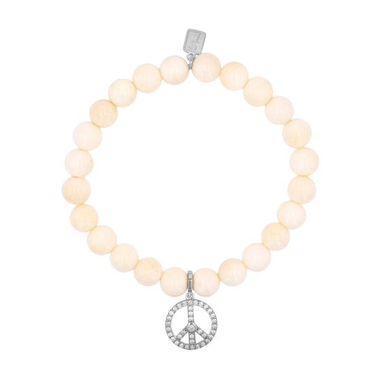 18K Bone Bracelet with Diamond Peace Sign Charm - 8mm