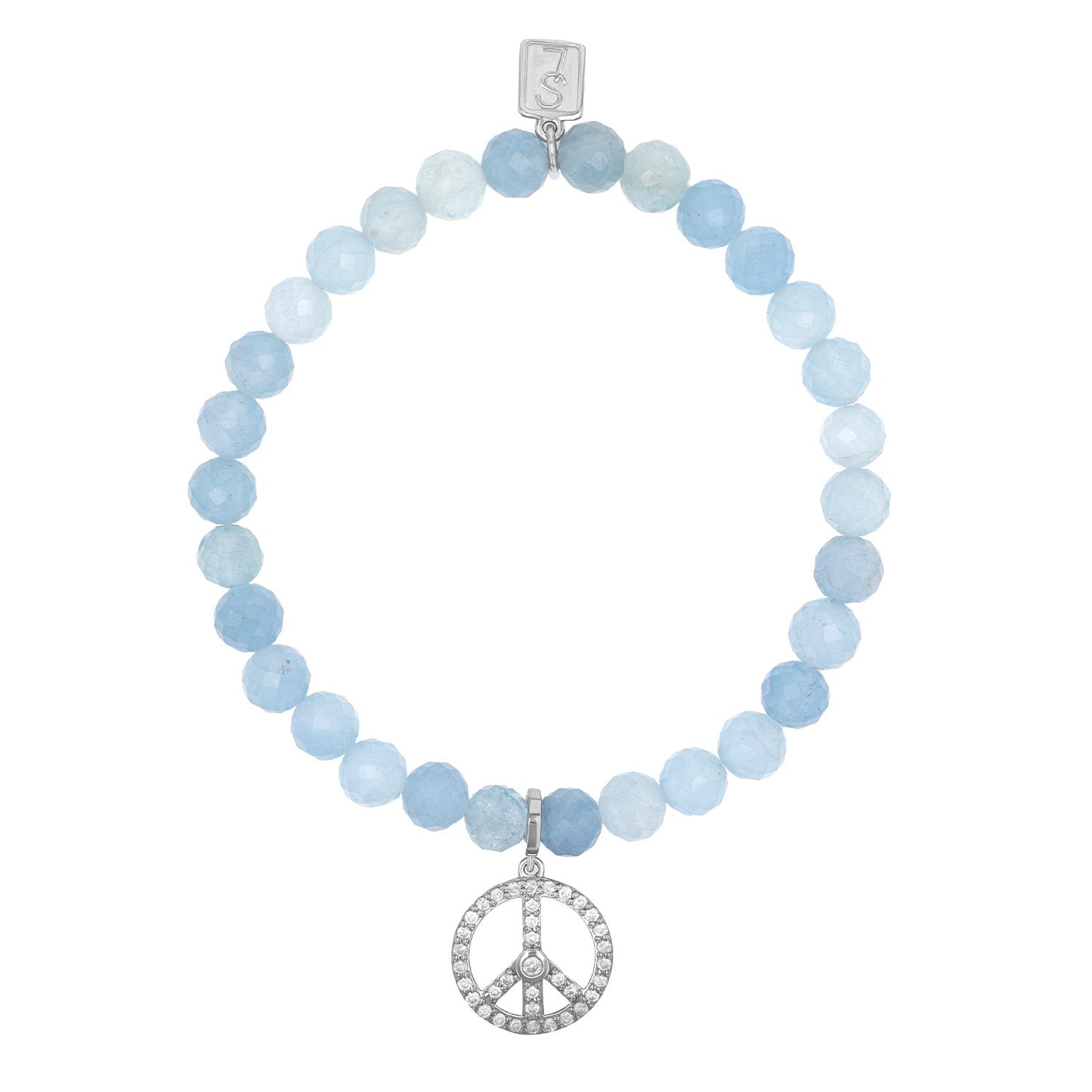 18K Aquamarine Bracelet with Diamond Peace Sign Charm - 6mm