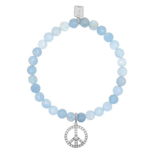 18K Aquamarine Bracelet with Diamond Peace Sign Charm - 6mm
