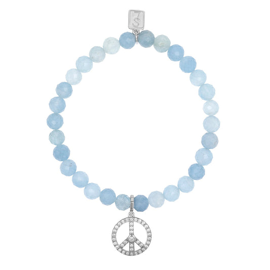 18K Aquamarine Bracelet with Diamond Peace Sign Charm - 6mm