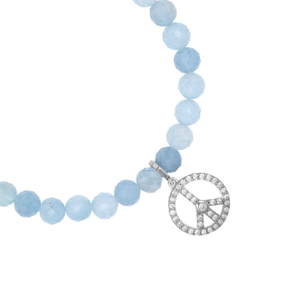 18K Aquamarine Bracelet with Diamond Peace Sign Charm - 6mm