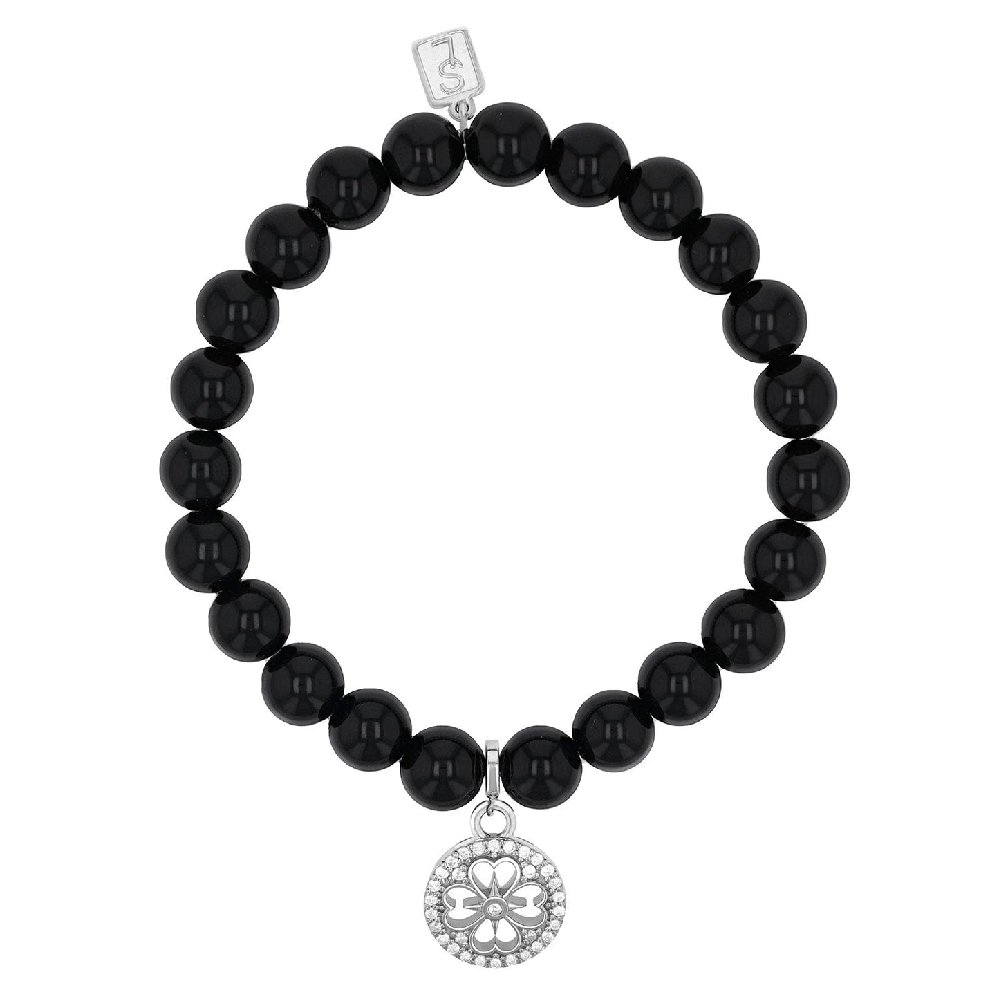 18K Onyx Bracelet with Diamond Open Clover Charm - 8mm