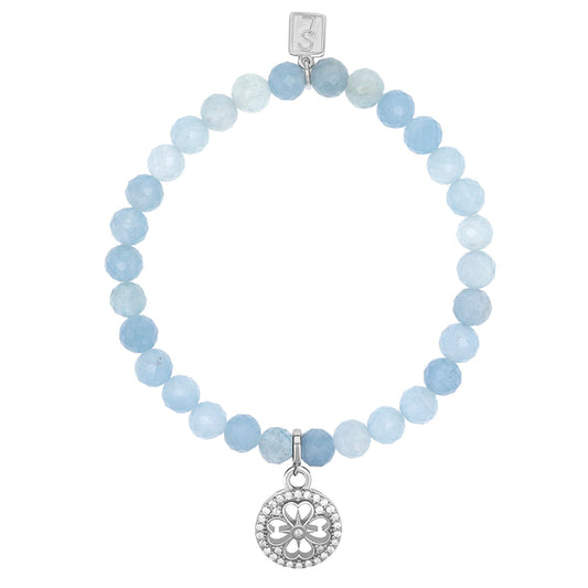 18K Aquamarine Bracelet with Diamond Open Clover Charm