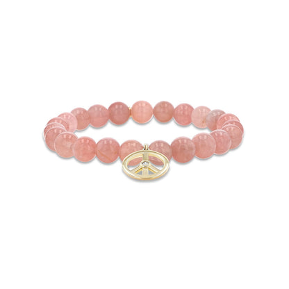 18K Rose Quartz Bracelet with Peace Sign Charm - 8mm