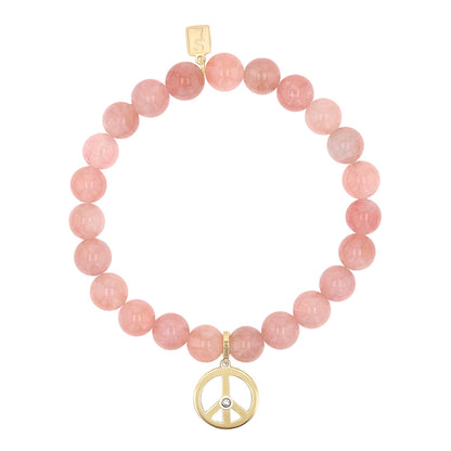 18K Rose Quartz Bracelet with Peace Sign Charm - 8mm