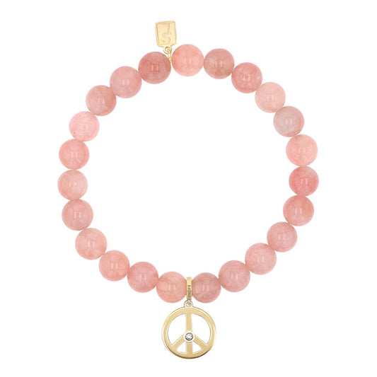 18K Rose Quartz Bracelet with Peace Sign Charm - 8mm