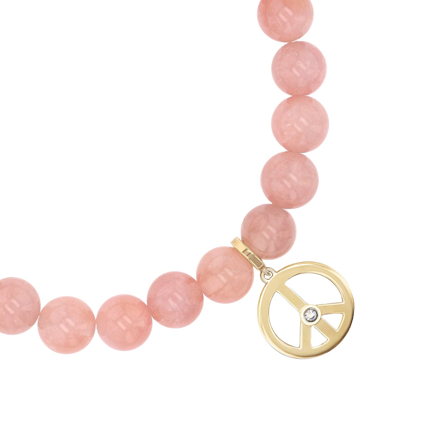 18K Rose Quartz Bracelet with Peace Sign Charm - 8mm