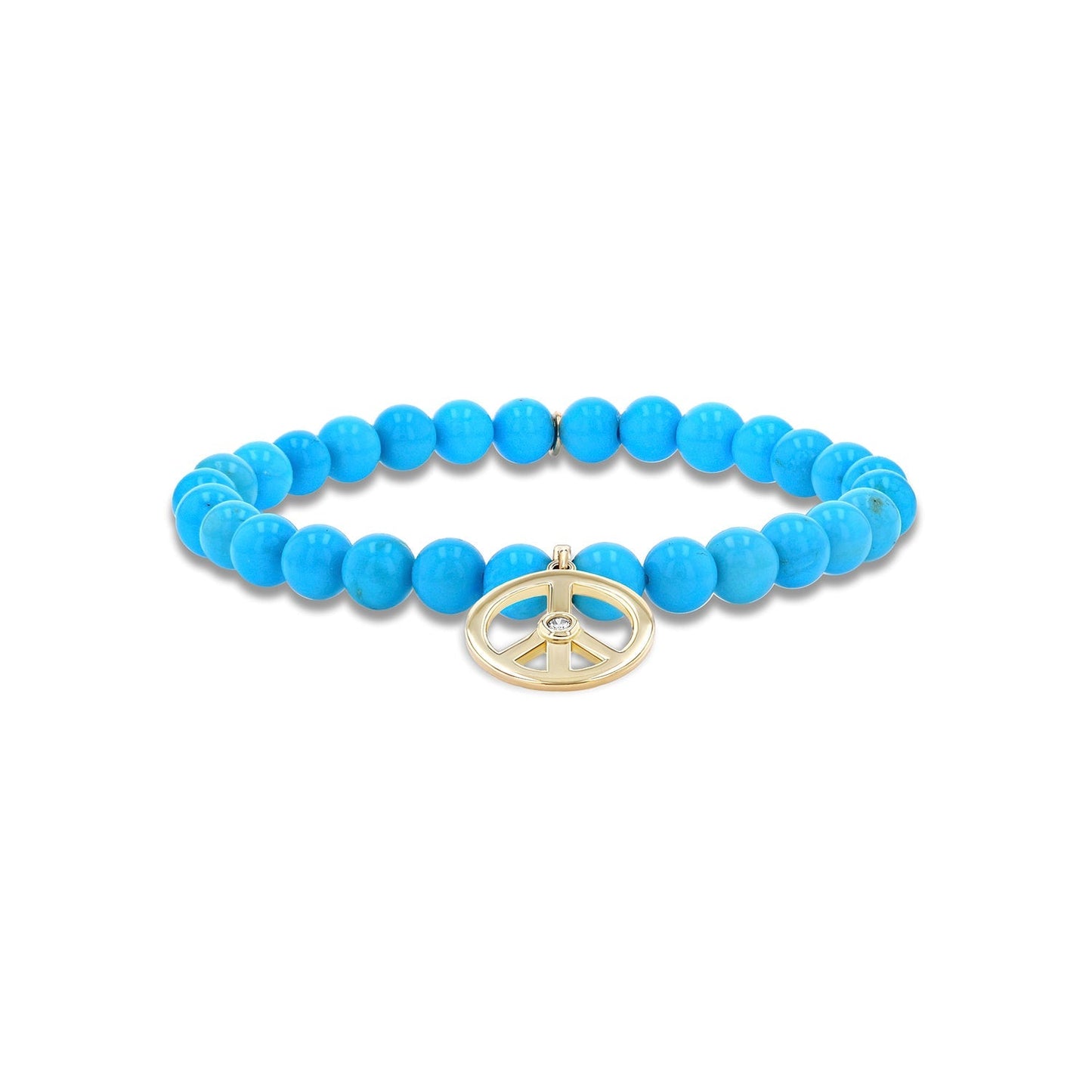 18K Sleeping Beauty Turquoise Bracelet with Peace Sign Charm - 6mm