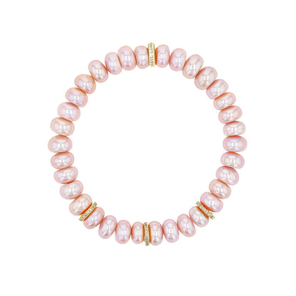 18K Pink Pearl Beaded Bracelet with 3 Diamond Rondelles - 8mm