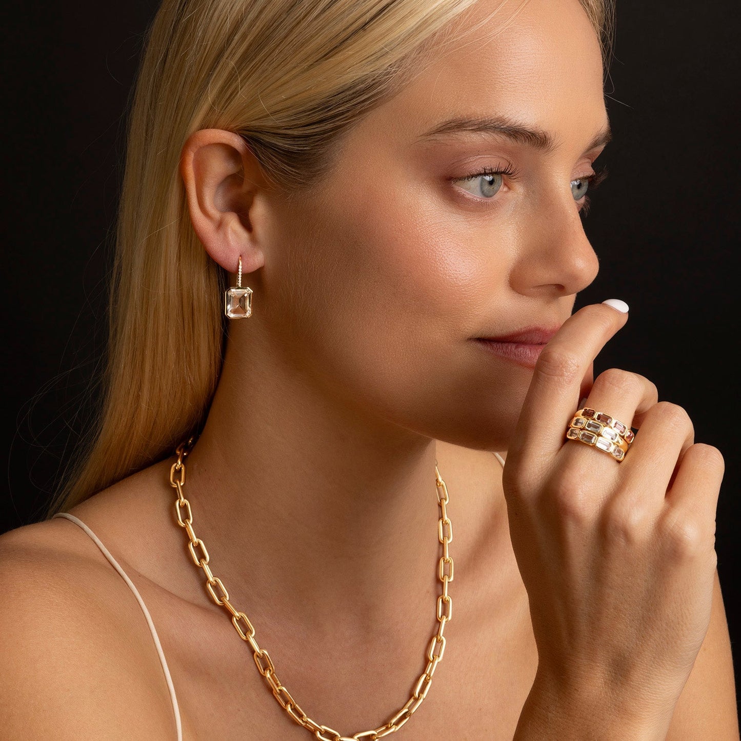18K Crystal Quartz Emerald Cut Stacking Band Ring