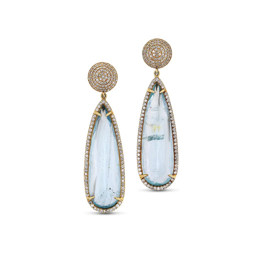 18K Aquamarine Teardrop Earrings with Diamond Dome Tops
