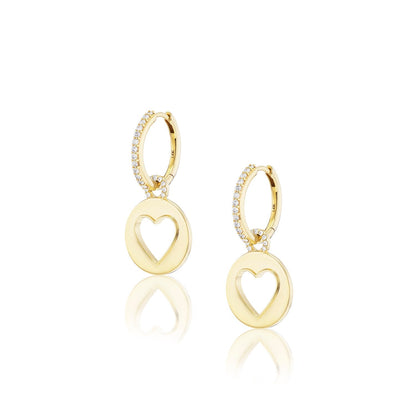 18K Open Heart Charm Drops on Diamond Huggie Hoop Earrings