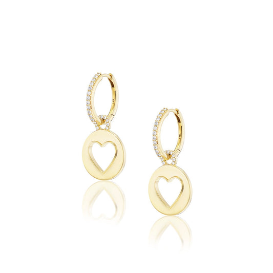 18K Open Heart Charm Drops on Diamond Huggie Hoop Earrings