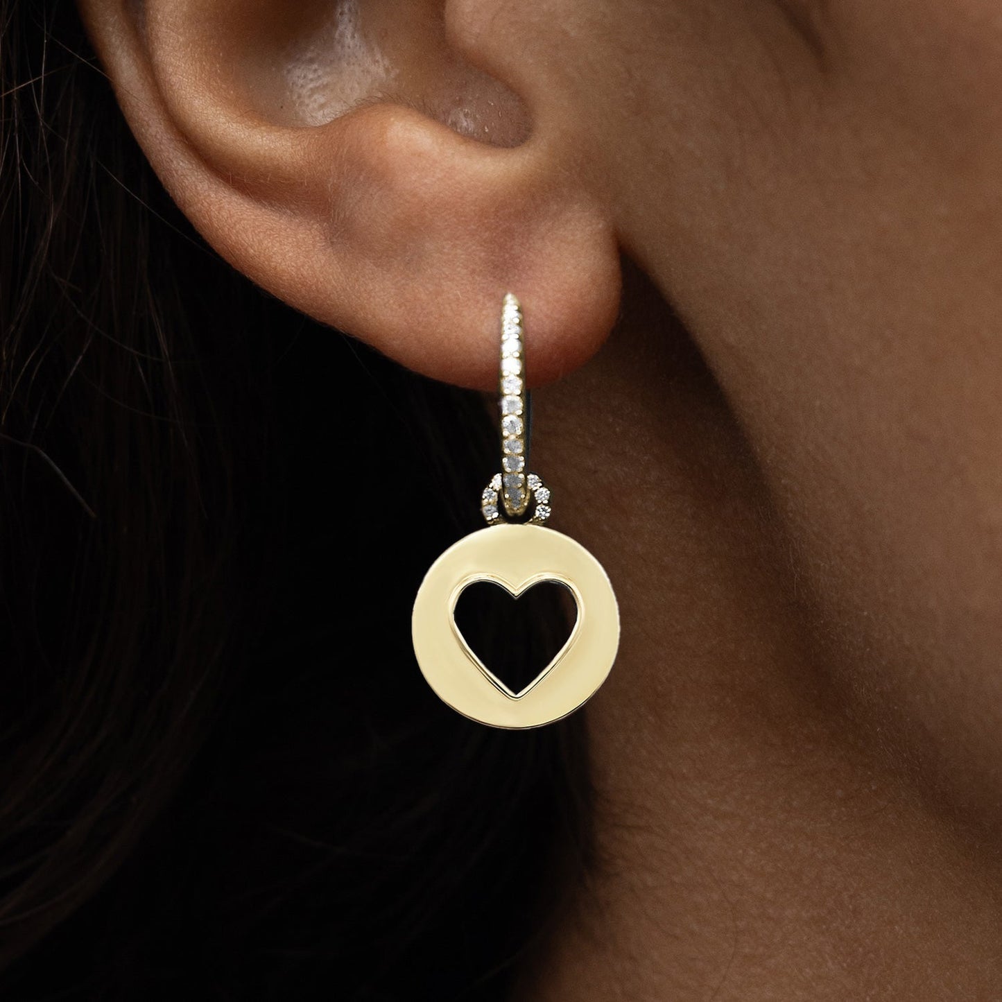 18K Open Heart Charm Drops on Diamond Huggie Hoop Earrings