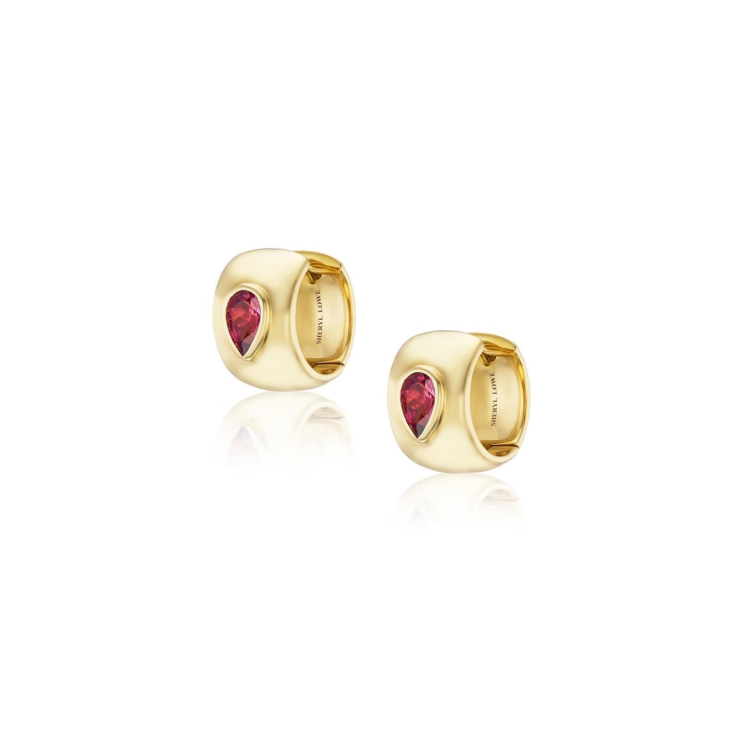 18K Pink Tourmaline Teardrop Bezel Thick Huggie Earrings