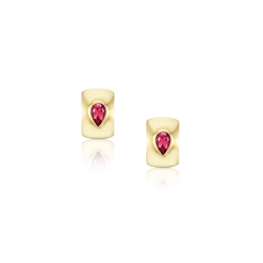 18K Pink Tourmaline Teardrop Bezel Thick Huggie Earrings