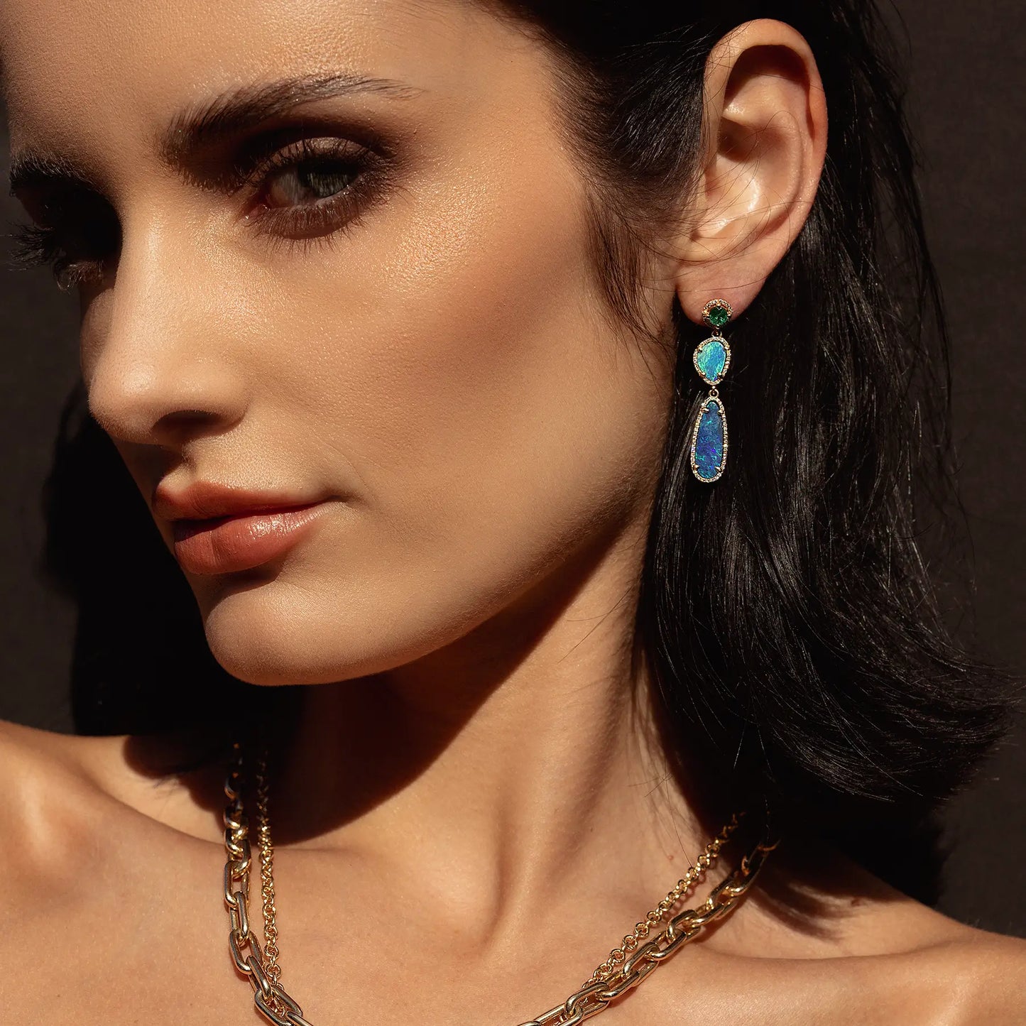 18K Emerald & Opal Freeform Drop Earrings