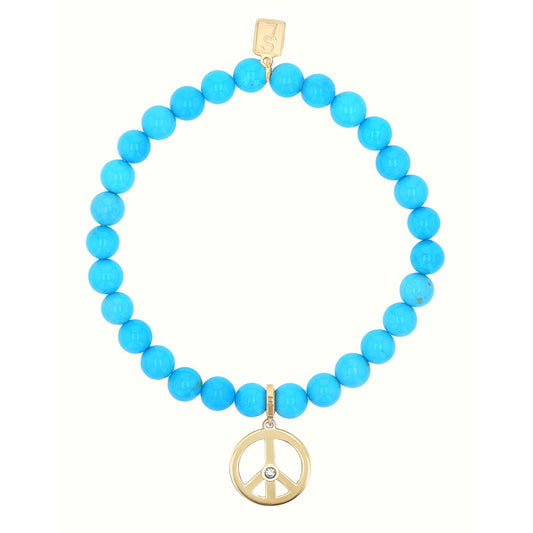18K Sleeping Beauty Turquoise Bracelet with Peace Sign Charm - 6mm