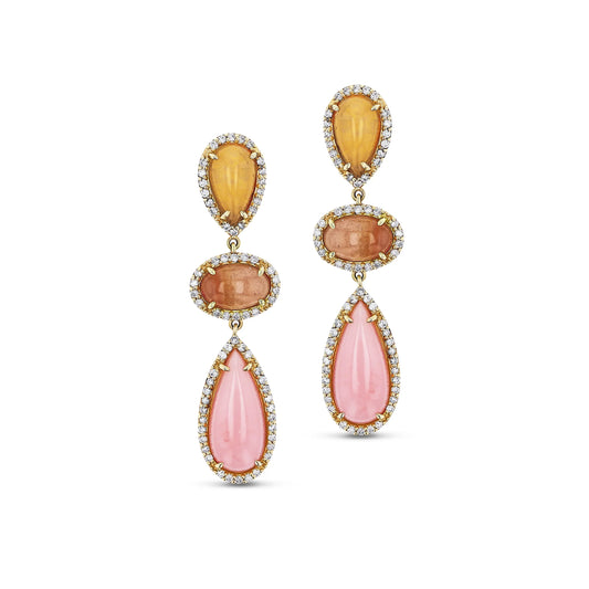 18K Opal & Watermelon Garnet Three Drop Earrings
