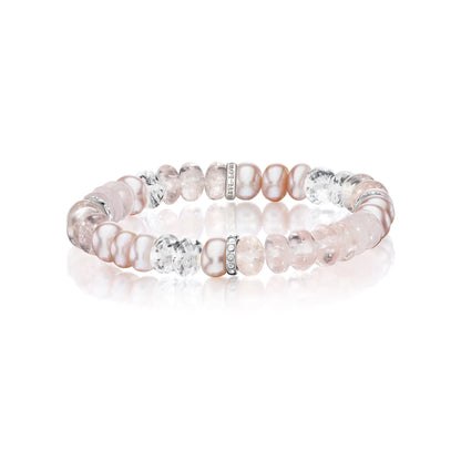 18K Pink Mix Gemstone Beaded Bracelet with 3 Diamond Rondelles - 8mm